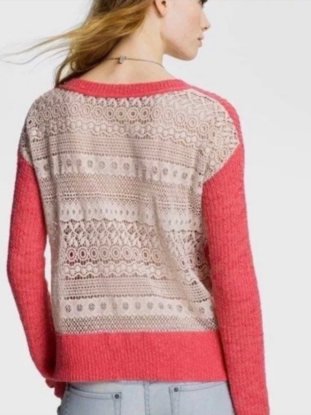 Free People | Sweet Jane Crochet Knit Sweater Top Relaxed Pink Ivory Medium